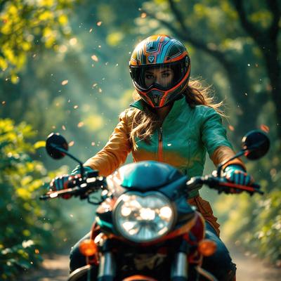 The primary subject of the image is a woman wearing a helmet and riding a motorcycle. She is the main focus of the scene. The setting is a forest, with trees visible in the background. The visual style is a photo, capturing the woman and her motorcycle in a natural environment. The colors and mood of the image are vibrant and energetic, as the woman is enjoying her ride through the forest.
